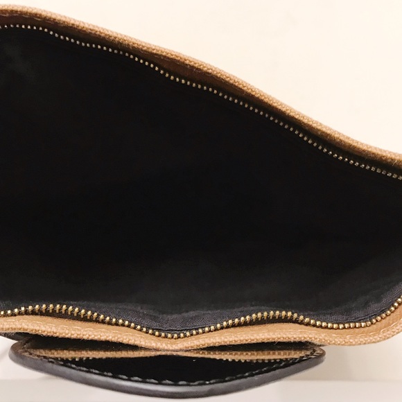 Tila March Paris Zelig Brown Canvas Black Patent Leather Shoulder Clutch Bag - Picture 11 of 12